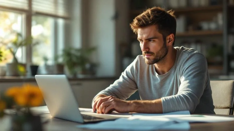 Mann berechnet Foerderbetraege fuer Weiterbildung am Schreibtisch