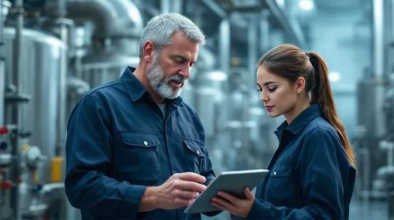 Erfahrener Ausbilder bei BASF Ludwigshafen erklaert einer Auszubildenden eine Chemieanlage