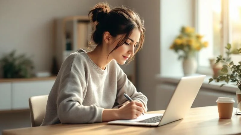 Frau fuellt Formulare am Schreibtisch in einem hellen Buero in Ludwigshafen aus