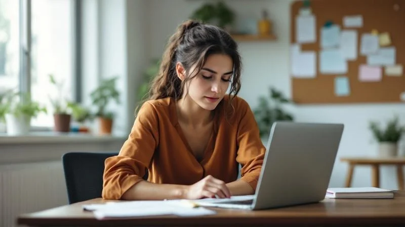 Frau studiert Lernunterlagen fuer IHK-Fortbildung am Schreibtisch in Ludwigshafen
