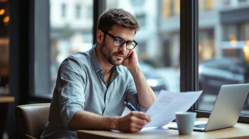 Berufstätige Person mit Unterlagen vor dem Hintergrund des Ludwigshafener Stadtbilds