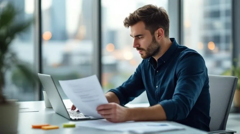 Mann studiert Weiterbildungsunterlagen an einem Schreibtisch in einem modernen Buero in Ludwigshafen