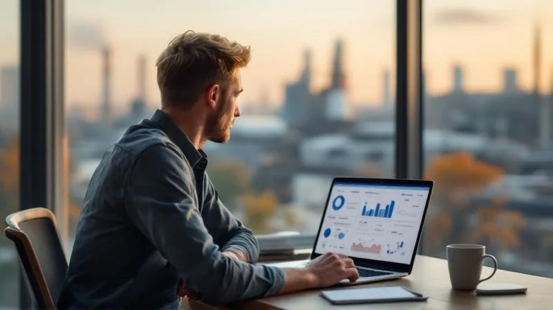 Quereinsteiger in Ludwigshafen am Laptop mit BASF-Skyline im Hintergrund