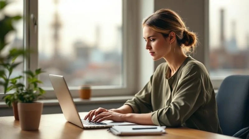 Frau lernt am Laptop in einem hellen Raum mit Blick auf den Rhein bei Ludwigshafen
